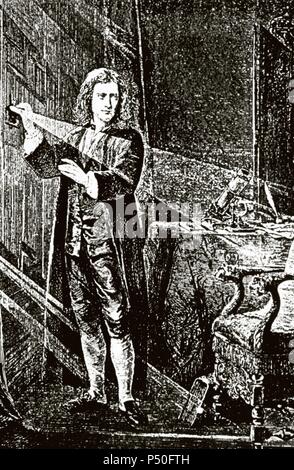 Isaac Newton (1643 - 1727). Englischer Physiker, Mathematiker, Astronom, Philosoph, Alchemist, und Theologe. Newtons Arbeiten über die Natur des Lichts. Stockfoto