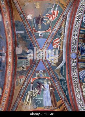 Italien. Novalesa Abtei. Kapelle der Heiligen Eldrado und St. Nikolaus. 11. Jahrhundert. Fresken aus dem Leben des Heiligen Eldrado. Vault. Stockfoto