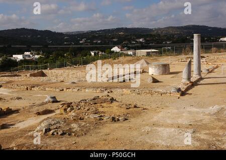 Ruinen von Milreu. Villa Romana (1. bis 4. Jahrhundert n. Chr.). Übersicht. Estoi, in der Nähe von Faro. Algarve. Portugal. Stockfoto