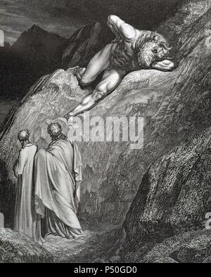 "LA DIVINA COMEDIA". Poema escrito en Toscano donde se relata El viaje de su Autor, DANTE ALIGHIERI, Para llegar a la CONTEMPLACION DIVINA. 'Y AL BORDE DE LA CAVERNA TENDIDO ESTABA EL QUE FUE OPROBIO DE CRETA' (Infierno, C. XII). Grabado de Gustave Dore. Stockfoto