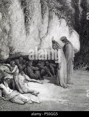 "LA DIVINA COMEDIA". Poema escrito en Toscano donde se relata El viaje de su Autor, DANTE ALIGHIERI, Para llegar a la CONTEMPLACION DIVINA. "ESCUBRIMOS UNAS CUANTAS PERSONAS DETRAS DE LA PEÑA... (Purgatorio, C. IV). Grabado de Gustave Dore. Stockfoto