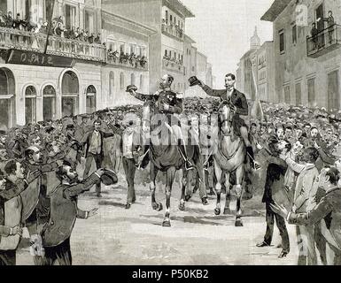 Brazilien. Rio De Janeiro. Ausrufung der Republik Brasilien. Beliebte Ovation Marschall Deodoro da Fonseca (1827-1892) und Quintino Bocaiuva (1836-1912) in der Cuvidor Straße. 15. November 1889. Kupferstich, 19. Jahrhundert. Stockfoto