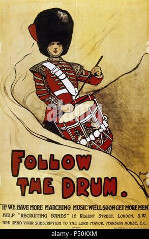 WELTKRIEG (1914-1918). Plakat "Folgen THE DRUM", von John Hassal (1868-1948), herausgegeben von der britischen Regierung. Stockfoto
