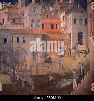 Ambrogio Lorenzetti (1280-1348). Auswirkungen der guten Regierung in der Stadt. Unter freiem Himmel. Detail. Kaufleute in der ummauerten Stadt Siena. Stockfoto