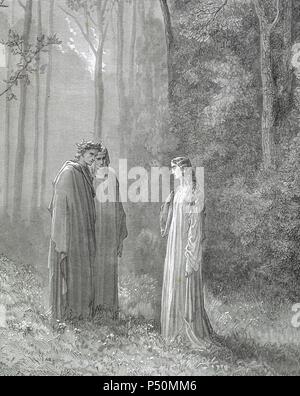 "LA DIVINA COMEDIA". Poema escrito en Toscano donde se relata El viaje de su Autor, DANTE ALIGHIERI, Para llegar a la CONTEMPLACION DIVINA. "ACUERDATE DE MI, QUE SOY LA PIA' (Purgatorio, C. V). Grabado de Gustave Dore. Stockfoto
