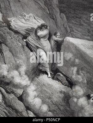 "LA DIVINA COMEDIA". Poema escrito en Toscano donde se relata El viaje de su Autor, DANTE ALIGHIERI, Para llegar a la CONTEMPLACION DIVINA. 'GUARDO AL PAPA ANASTASIO, QUIEN APARTO FORTIN DEL CAMINO RECTO' (Infierno, C. XI). Grabado de Gustave Dore. Stockfoto