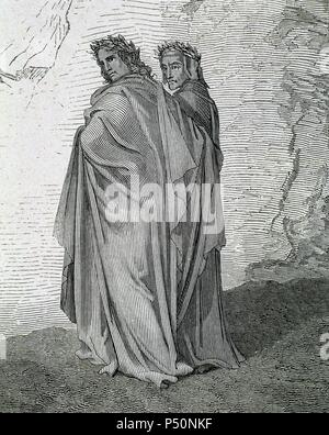 "LA DIVINA COMEDIA". Poema escrito en Toscano donde se relata El viaje de su Autor, DANTE ALIGHIERI, Para llegar a la CONTEMPLACION DIVINA. "VIRGILIO Y DANTE RECORRIENDO EL INFIERNO". Grabado de Gustavo DORE. Stockfoto