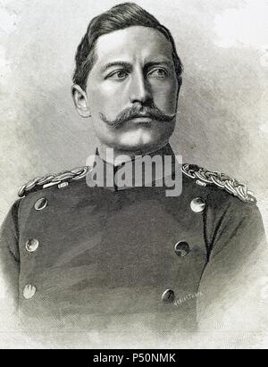 Wilhelm II. von Deutschland (Potsdam, 1859 - Doorn, 1941). König von Preußen und Deutscher Kaiser (1888-1918), Sohn und Nachfolger von Friedrich III. Gravur. Stockfoto