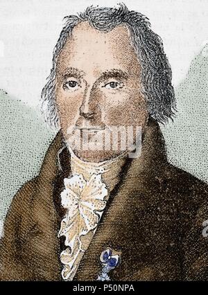 Laplace, Pierre Simon de (1749-1827). Französischer Mathematiker, Physiker und Astronom. Farbige Gravur. Stockfoto