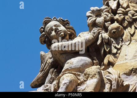 Spanien. Region Murcia. Lorca. Ex-Collegiate Kirche des Heiligen Patrick. Skulptur Detail der Hauptfassade, im 18. Jahrhundert im Barockstil erbaut. Stockfoto