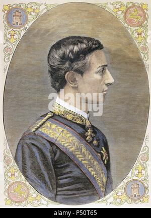 Alfonso XII (1857-1885). König von Spanien, Regierende von 1874 bis 1885. Gravur an "Die spanische und amerikanische Abbildung". Stockfoto