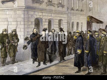 GOLPE DE ESTADO DE PAVIA (3 de Enero de 1874). El militar español Manuel PAVIA Y RODRIGUEZ DE ALBURQUERQUE (1827-1895), entró en el Congreso al conocer La derrota del Presidente Castelar, acabando disolviendo la Asamblea y con la ich República. 'SALIDA DEL CONGRESO DEL CUERPO DIPLOMATICO'. Coloreado Grabado de La Ilustración Española y Americana". Stockfoto