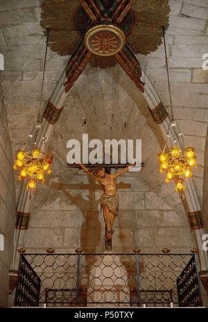 Gekreuzigten Christus. Gothic. Polychrome Holz. Kirche der Jungfrau Maria. Verdu. Katalonien, Spanien. Stockfoto
