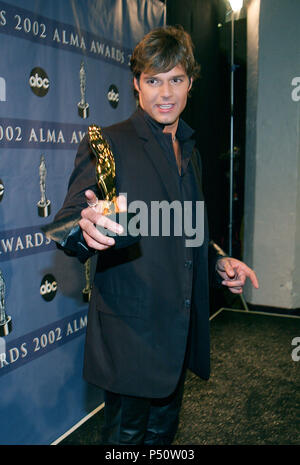 Ricky Martin erhielt den Nationalrat von La Raza Vanguard Award an der Alma Awards - American Latino Media Awards 2002 im Shrine Auditorium in Los Angeles. 18. Mai 2002. - MartinRicky 50. jpgMartinRicky 50 Veranstaltung in Hollywood Leben - Kalifornien, Red Carpet Event, USA, Filmindustrie, Prominente, Fotografie, Bestof, Kunst, Kultur und Unterhaltung, Topix prominente Mode, Besten, Hollywood Leben, Event in Hollywood Leben - Kalifornien, backstage Trophäe, Auszeichnungen zeigen, Film Stars, TV Stars, Musik, Promis, Topix, Bestof, Kunst Kultur und Unterhaltung Stockfoto