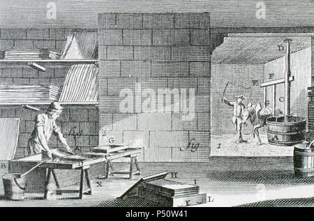 Workshop zu basteln die Pappe gewidmet. Zerdrücken und drücken. 18. 'Encyclopedie'. Herausgegeben von Denis Diderot (1713-1784) und Jean Le Rond d'Alembert (1717-1783). Gravur. Stockfoto