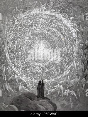 "LA DIVINA COMEDIA". Poema escrito en Toscano donde se relata El viaje de su Autor, DANTE ALIGHIERI, Para llegar a la CONTEMPLACION DIVINA. Bin OSTRANDOSE PUES EN FORMA DE CANDIDA ROSA LA SANTA MILICIA' (Paraíso, C. XXXI). Grabado de Gustave Doré. Stockfoto