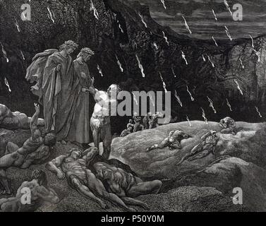 "LA DIVINA COMEDIA". Poema escrito en Toscano donde se relata El viaje de su Autor, DANTE ALIGHIERI, Para llegar a la CONTEMPLACION DIVINA. "¿ ESTAIS VOS AQUI, MICER BRUNETO? (Infierno, C. XV). Grabado de Gustave Dore. Stockfoto