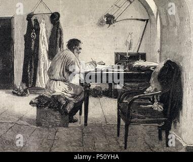 Leo Tolstoi (1828-1910). Der russische Schriftsteller. Totlstoy in seiner Arbeit. Mancastropa Gravur in "Die Künstlerische Darstellung" (1892). Gravur. Stockfoto