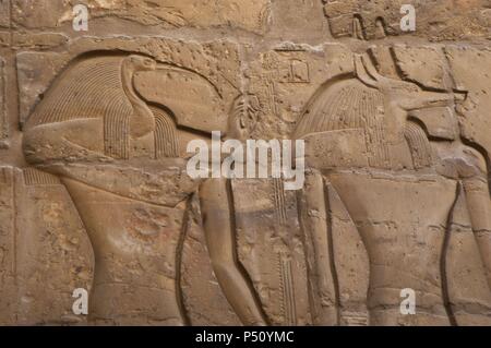 Ägypten. Tempel von Luxor. Relief Darstellung Göttern Thot und Anubis. Theben. Stockfoto