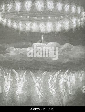 "LA DIVINA COMEDIA". Poema escrito en Toscano donde se relata El viaje de su Autor, DANTE ALIGHIERI, Para llegar a la CONTEMPLACION DIVINA. "GIRABAN CERCA DE NOSOTROS SEMPITIERNAS GUIRNALDAS AQUELLAS DOS DE ROSAS". (Paraiso, C. XII). Grabado de Gustavo DORE. Stockfoto