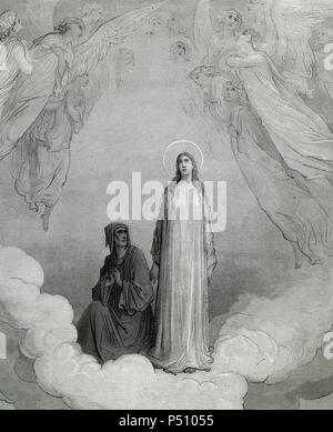 "LA DIVINA COMEDIA". Poema escrito en Toscano donde se relata El viaje de su Autor, DANTE ALIGHIERI, Para llegar a la CONTEMPLACION DIVINA. "HABIA VUELTO A FIJAR MIS OJOS EN EL SEMBLANTE DE MI SEÑORA'. (Paraiso, C. XXI). Grabado de Gustavo DORE. Stockfoto