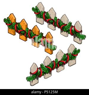Einstellen der Fragmente eines hölzernen Zaun, dekoriert mit Tannenzweigen, auf einem weißen Hintergrund. Cartoon Vektor close-up Abbildung. Stock Vektor