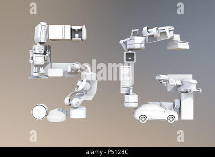 Smart Appliances, Drone, autonome Fahrzeug und Roboter angeordnet in "5 G" Text. Weißen Schatten. 5G-Konzept. 3D-Bild. Stockfoto