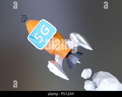 Starten polygonalen Rakete mit Monitor auf dunklem Hintergrund. 5G-Konzept. 3D-Bild. Stockfoto