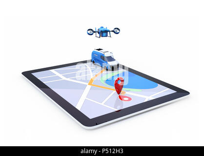 Lieferung drone und Van auf digitalen Tablet Computer. Weißer Hintergrund. Letzte Meile digitale Lösungskonzept. Stockfoto