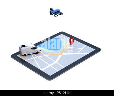 Lieferung drone und Van auf digitalen Tablet Computer. Weißer Hintergrund. Letzte Meile digitale Lösungskonzept. Stockfoto