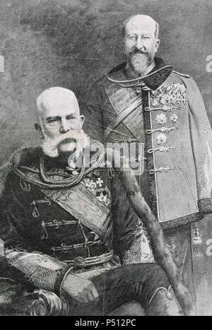 Franz Joseph I. von Österreich (1830-1916). Kaiser von Österreich und König von Ungarn und Ferdinand I. von Österreich (1861-1948). Kaiser von Österreich. Fotografie, 1908. Stockfoto