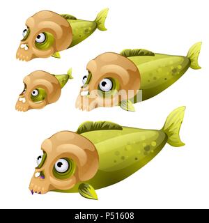 Grüne Fisch Set schwimmen mit Masken in Form eines menschlichen Schädels auf weißem Hintergrund. Vector Illustration. Stock Vektor