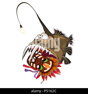 Fisch ein Angler hält, die in die Zähne eines alten Stammes- Maske. Tiere der Tiefsee ist auf einem weißen Hintergrund. Vector Illustration. Stock Vektor