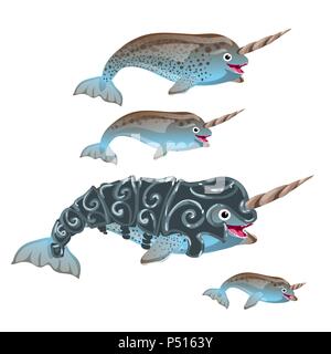 Satz von fantasy Tiere blaue Farbe auf weißem Hintergrund. Narwhal oder narwhale, Monodon camelopardalis. Vector Illustration. Stock Vektor