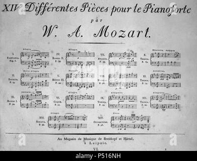 Primera página del álbum musikalische con' XIV Differentes Stücke le Pianoforte" gießen, de Johann Wolfgang Amadeus Mozart (Salzburg, 1756-Wien, 1791). Impreso en Leipzig en 1799. Stockfoto