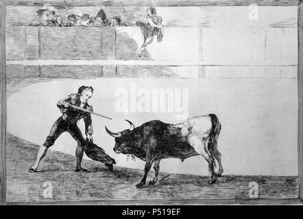 Francisco de Goya y Lucientes (Fuendetodos, 1746 - Burdeos, 1828). Grabado. Serie "tauromaquia" (aguafuerte). Plancha 30 ª: Pedro Romero matando ein Toro parado. Primera edición. Madrid, 1816. Stockfoto