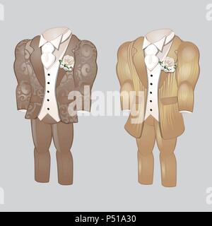 Eingestellt von animierten mens Bekleidung. Bräutigam Anzug für Hochzeit Feier auf einem grauen Hintergrund. Vector Illustration. Stock Vektor