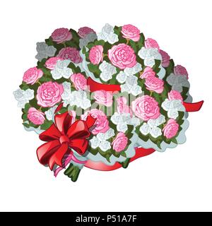 Ein großer Blumenstrauß gebunden mit Red Ribbon mit bowknot, auf weißem Hintergrund. Vector Illustration. Stock Vektor