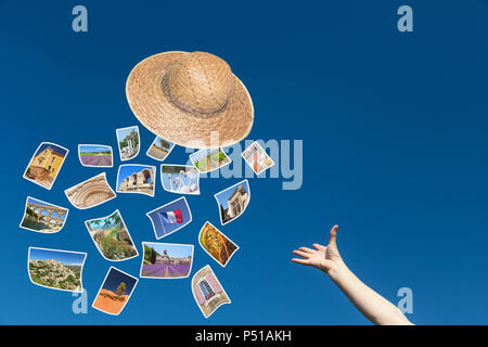 Die weibliche Hand wirft einen Strohhut, aus denen fliegen die Fotos der Provence Sehenswürdigkeiten. Blue Sky ist im Hintergrund. Stockfoto