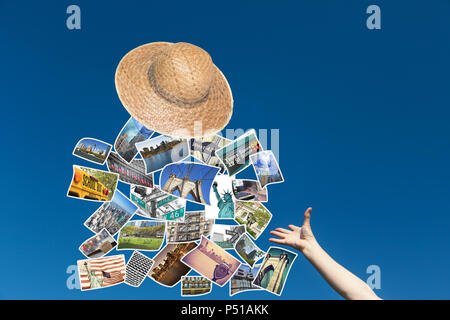 Die weibliche Hand wirft einen Strohhut, aus denen fliegen die Fotos von New York City Sehenswürdigkeiten. Blue Sky ist im Hintergrund. Stockfoto