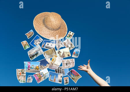 Die weibliche Hand wirft einen Strohhut, aus denen fliegen die Fotos von Venedig Sehenswürdigkeiten. Blue Sky ist im Hintergrund. Stockfoto