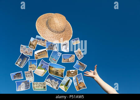 Die weibliche Hand wirft einen Strohhut, aus denen fliegen die Fotos der Toskana Sehenswürdigkeiten. Blue Sky ist im Hintergrund. Stockfoto