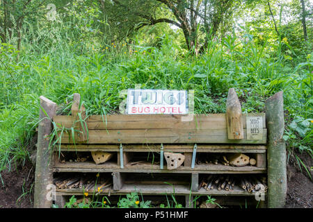 Ein Wildlife Habitat oder auch als Bug Hotel bekannt, auf dem Kirklees Trail in Tottington, begraben. Stockfoto