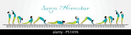 Abbildung: Frau tun Surya Namaskar für Internationale Yoga Tag Stock Vektor