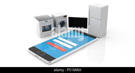 Smart House. Haushaltsgeräte und Mobiltelefon auf weißem Hintergrund. 3D-Darstellung Stockfoto