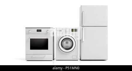 Weiße Haushaltsgeräte auf weißem Hintergrund. 3D-Darstellung Stockfoto