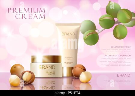 Realistische 3D-macadamianussöl Kosmetik ad Vorlage. Hellrosa glänzend Serum Creme mockup Beauty Skin Care. Promotional poster Vorlage Hintergrund Vector Illustration Stock Vektor