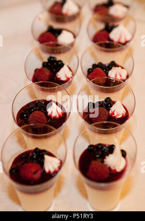 Dessert in ein Glas mit Beeren, Himbeere und Heidelbeere mit Sahne und Müsli. Stockfoto