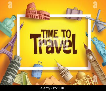 Zeit vektor Banner Design mit berühmten Sehenswürdigkeiten & Tourismus Elemente und weißen Boarder in einem Hintergrund zu reisen. Vector Illustration. Stock Vektor