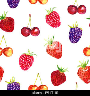 Erdbeeren, wilde Erdbeeren, Brombeeren, Himbeeren, Kirschen und Süßkirschen, Vielfalt, nahtlose Muster Handgemalten Aquarell Stockfoto